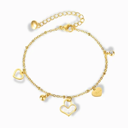 Glozya 18K Gold Plated Bracelet with Love Charms featuring heart charms, beads, and a mother-of-pearl accent.