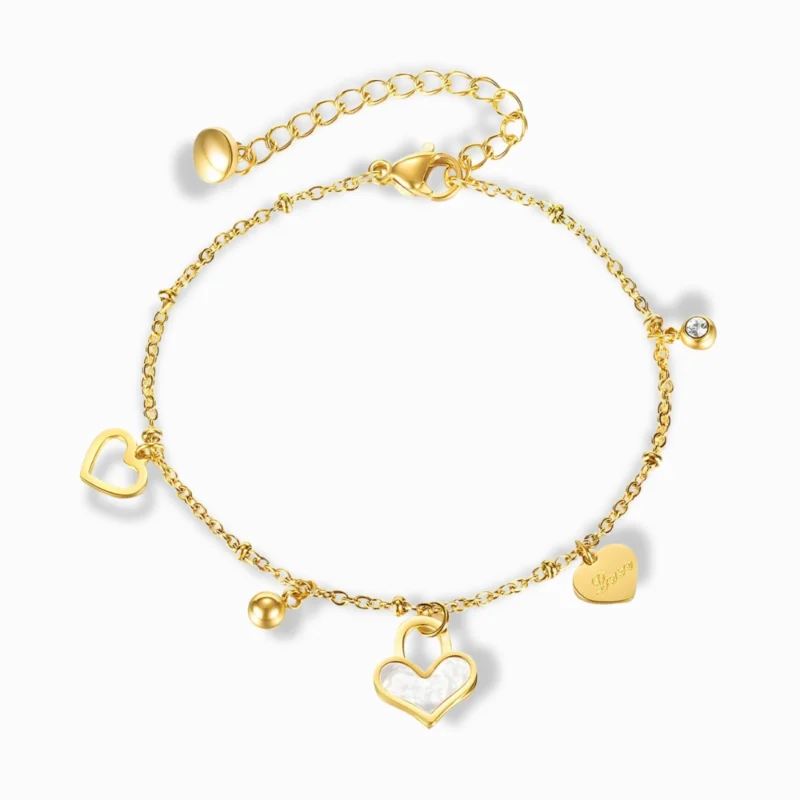 Glozya 18K Gold Plated Bracelet with Love Charms featuring heart charms, beads, and a mother-of-pearl accent.
