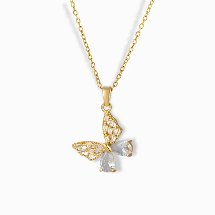 8K Gold Plated Butterfly Pendant Necklace with cubic zirconia.