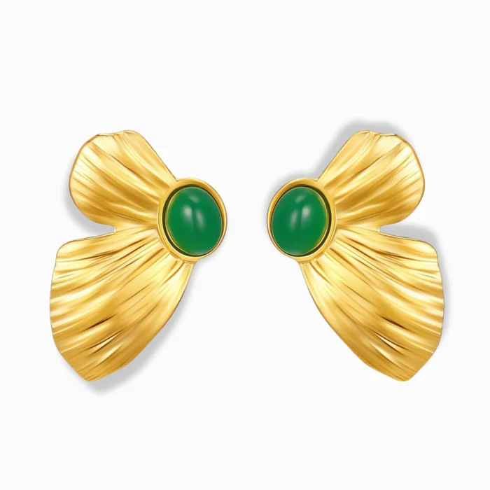 Glozya 18K Gold Plated Butterfly Wing Stud Earrings featuring a nature-inspired butterfly wing design with a vibrant green stone centerpiece, crafted from stainless steel with triple-layer 18K gold plating.