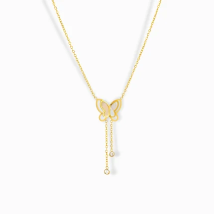 Glozya 18K Gold Plated Butterfly & Zircon Necklace featuring a delicate butterfly pendant with cubic zirconia accents and an adjustable chain.
