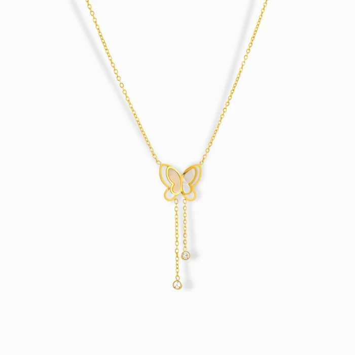 Glozya 18K Gold Plated Butterfly & Zircon Necklace featuring a delicate butterfly pendant with cubic zirconia accents and an adjustable chain.
