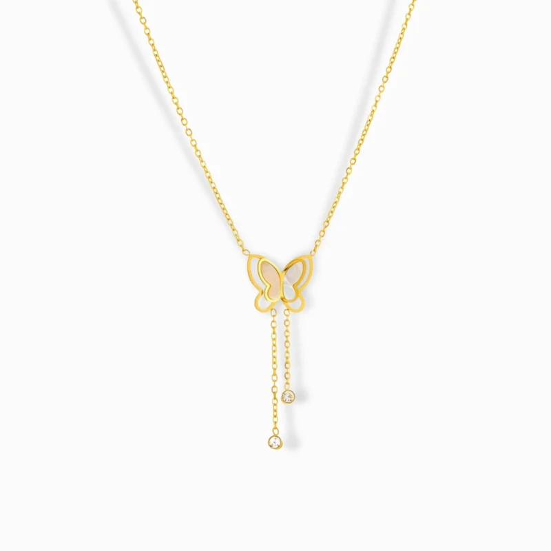 Glozya 18K Gold Plated Butterfly & Zircon Necklace featuring a delicate butterfly pendant with cubic zirconia accents and an adjustable chain.