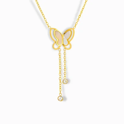 Glozya 18K Gold Plated Butterfly & Zircon Necklace featuring a delicate butterfly pendant with cubic zirconia accents and an adjustable chain.
