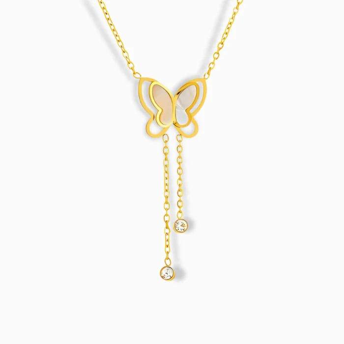 Glozya 18K Gold Plated Butterfly & Zircon Necklace featuring a delicate butterfly pendant with cubic zirconia accents and an adjustable chain.