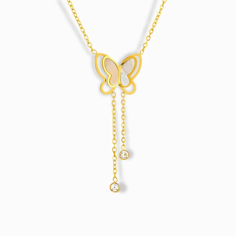 Glozya 18K Gold Plated Butterfly & Zircon Necklace featuring a delicate butterfly pendant with cubic zirconia accents and an adjustable chain.