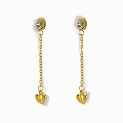 18K gold-plated chain drop heart earrings with crystal studs – hypoallergenic, waterproof, and tarnish-free jewelry from Glozya.
