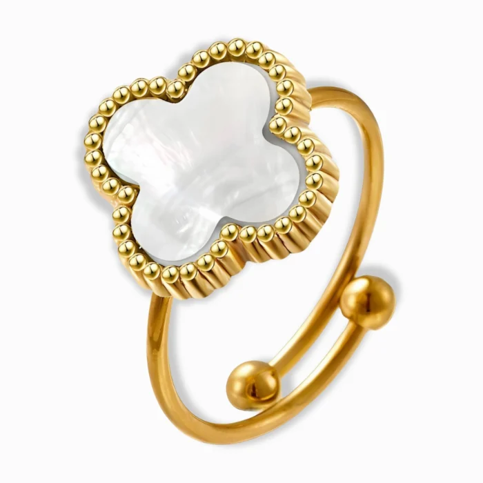 18K Gold Plated Clover Mother of Pearl Ring – Elegant & Waterproof