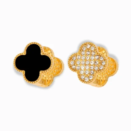 Glozya 18K Gold Plated Clover Stud Earrings featuring a dual-sided design with black enamel on one side and sparkling cubic zirconia on the other, crafted from waterproof, hypoallergenic stainless steel.
