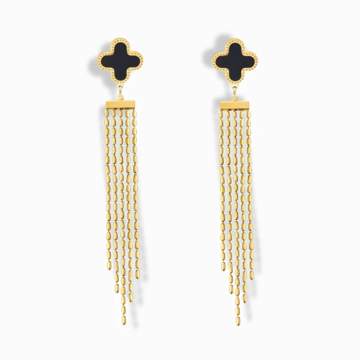 Glozya 18K Gold Plated Clover Waterfall Stud Earrings featuring cascading gold chain details and clover-shaped accents, crafted from waterproof, hypoallergenic stainless steel.