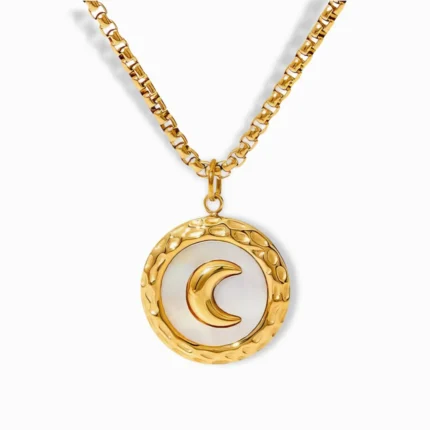 18K gold plated crescent moon pendant necklace with mother-of-pearl inlay.