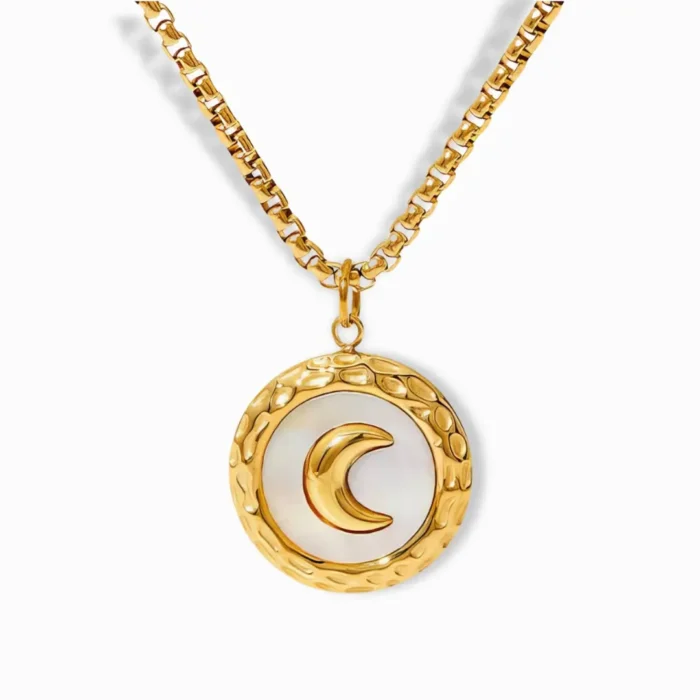 18K gold plated crescent moon pendant necklace with mother-of-pearl inlay.