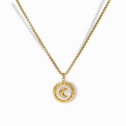 18K gold plated crescent moon pendant necklace with mother-of-pearl inlay.