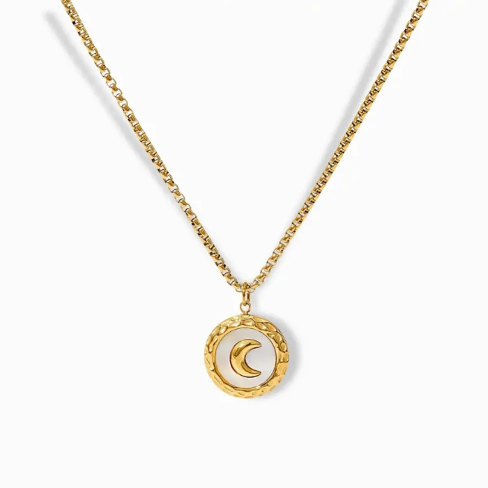 18K gold plated crescent moon pendant necklace with mother-of-pearl inlay.
