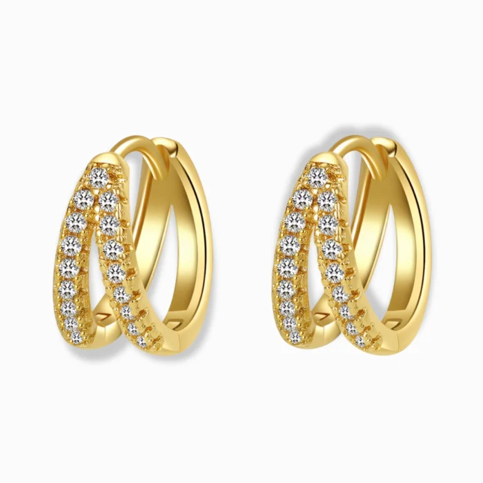 Glozya 18K Gold Plated Double Row CZ Hoop Earrings featuring sparkling cubic zirconia stones set in a waterproof, hypoallergenic gold-plated stainless steel frame.