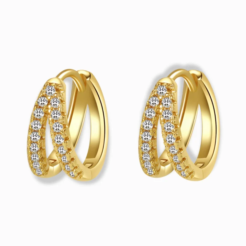 Glozya 18K Gold Plated Double Row CZ Hoop Earrings featuring sparkling cubic zirconia stones set in a waterproof, hypoallergenic gold-plated stainless steel frame.