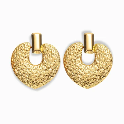 Glozya 18K Gold Plated Embossed Heart Stud Earrings featuring a textured sculpted heart design, crafted from waterproof, hypoallergenic stainless steel with a radiant gold finish.