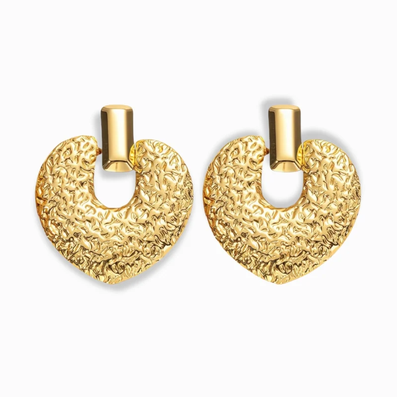 Glozya 18K Gold Plated Embossed Heart Stud Earrings featuring a textured sculpted heart design, crafted from waterproof, hypoallergenic stainless steel with a radiant gold finish.
