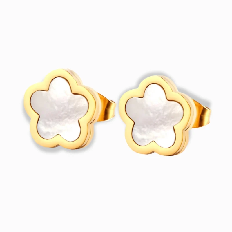 Glozya 18K Gold Plated Floral Shell Stud Earrings featuring a delicate floral shape with a luminous shell inlay, crafted from waterproof, hypoallergenic gold-plated stainless steel.