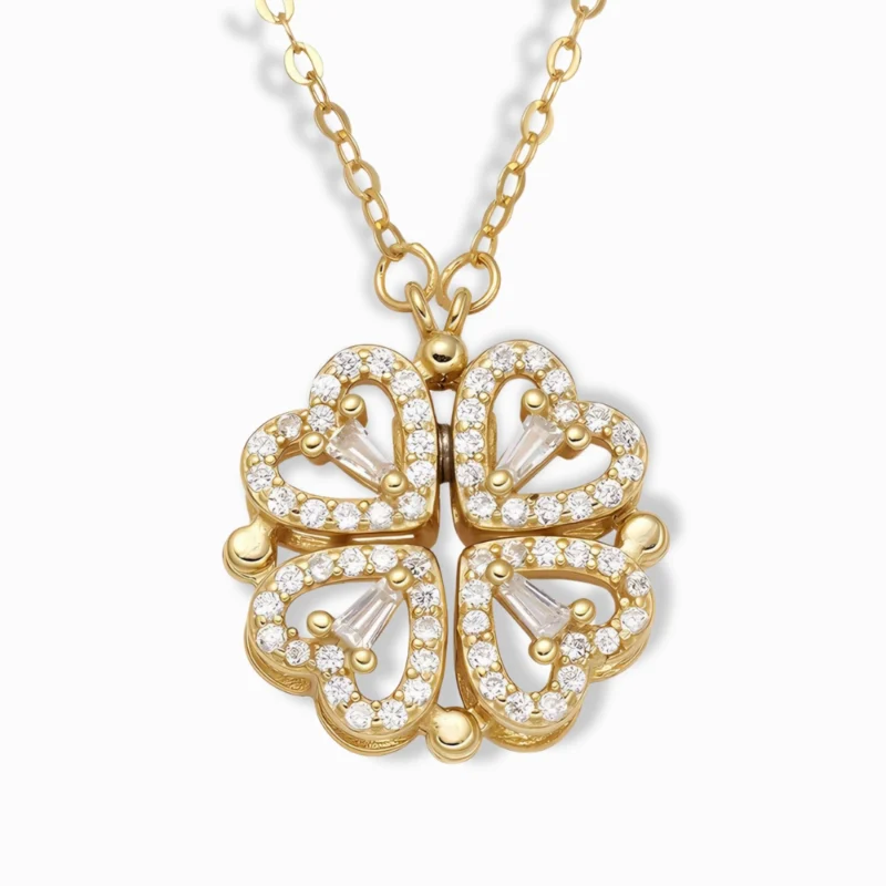 18K Gold Plated Four-Heart Clover Necklace with cubic zirconia.