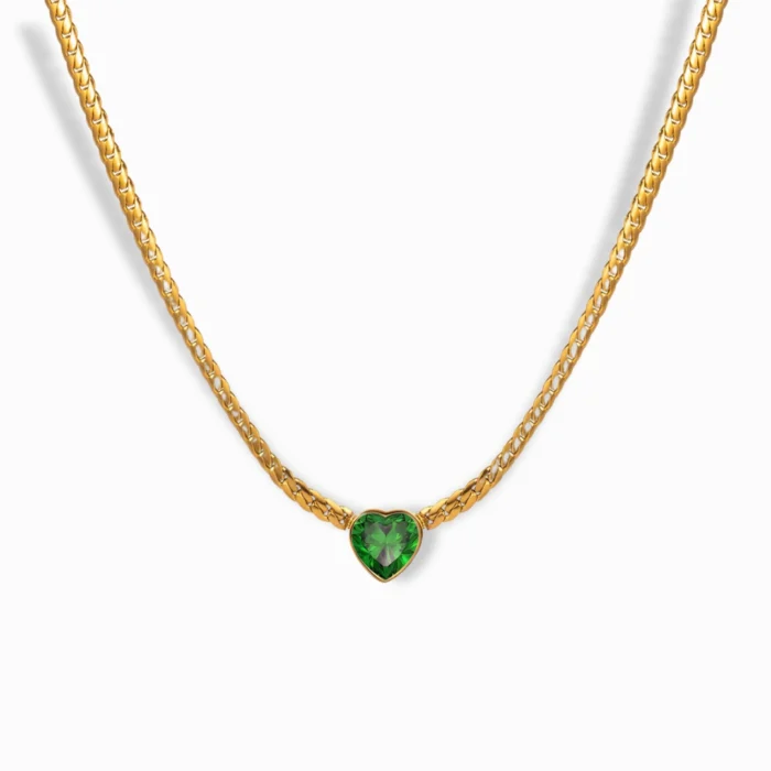 18K Gold Plated Green Heart Pendant Necklace with a vibrant cubic zirconia gemstone.