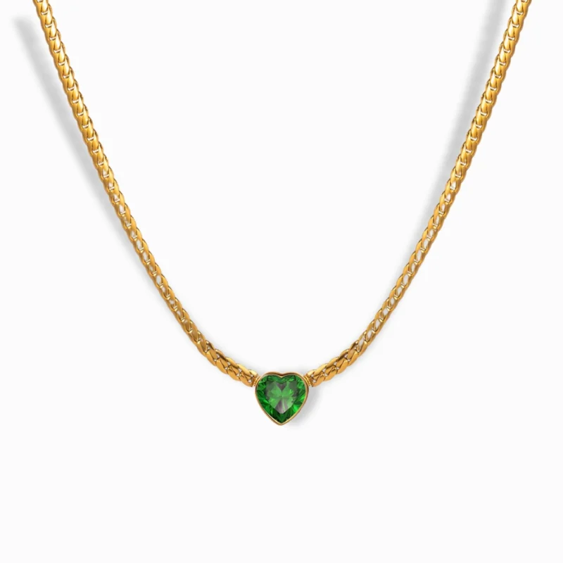 18K Gold Plated Green Heart Pendant Necklace with a vibrant cubic zirconia gemstone.