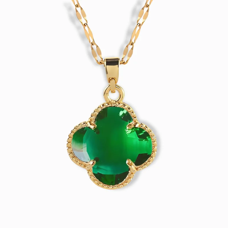 18K Gold Plated Green Zircon Clover Necklace with a four-leaf design.