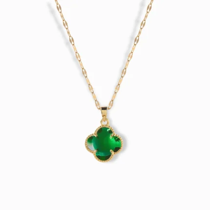 18K Gold Plated Green Zircon Clover Necklace with a four-leaf design.