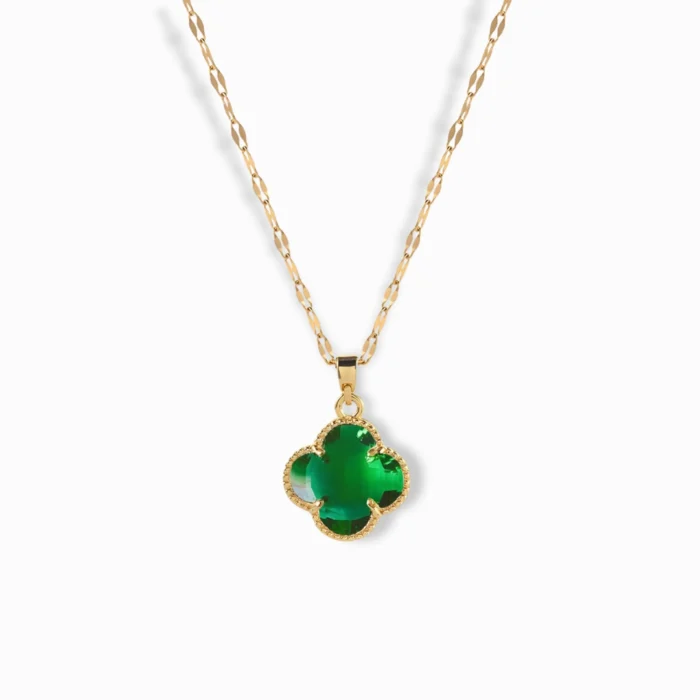 18K Gold Plated Green Zircon Clover Necklace with a four-leaf design.
