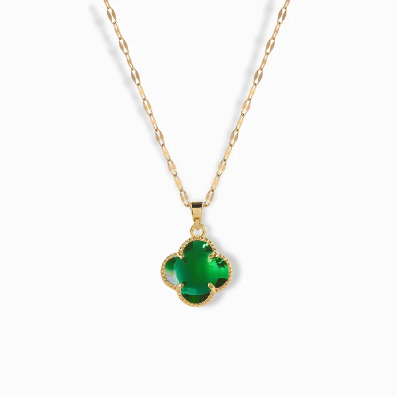 18K Gold Plated Green Zircon Clover Necklace with a four-leaf design.