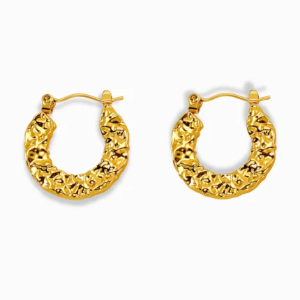 Glozya 18K Gold Plated Hammered Pin Earrings featuring a bold hammered texture, crafted from waterproof, hypoallergenic gold-plated stainless steel.