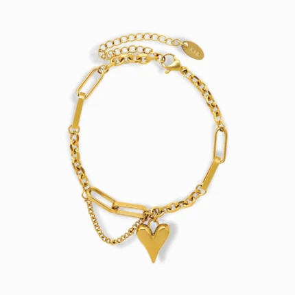 Glozya 18K Gold Plated Heart Paperclip Bracelet featuring a modern chain design with a polished heart charm.