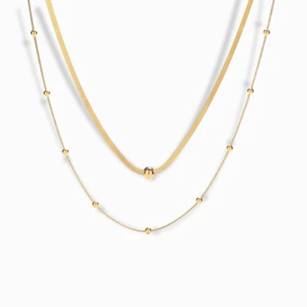 18K Gold Plated Layered Chain Necklace with snake and beaded chain details.