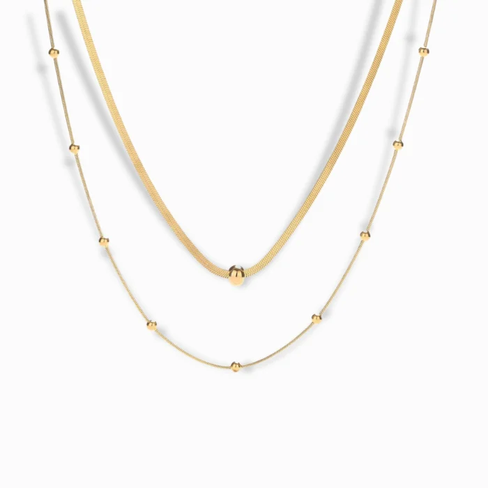 18K Gold Plated Layered Chain Necklace with snake and beaded chain details.