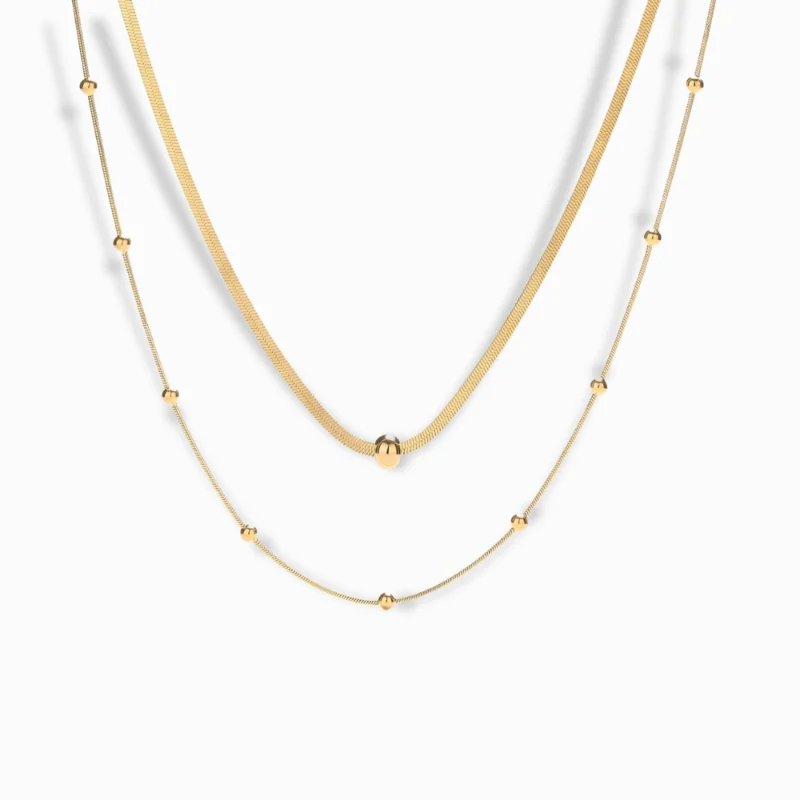 18K Gold Plated Layered Chain Necklace with snake and beaded chain details.