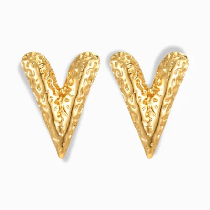 Glozya 18K Gold Plated Letter V Heart Stud Earrings featuring an embossed V-shaped heart design, crafted in stainless steel with triple-layer 18K gold plating, hypoallergenic and waterproof.