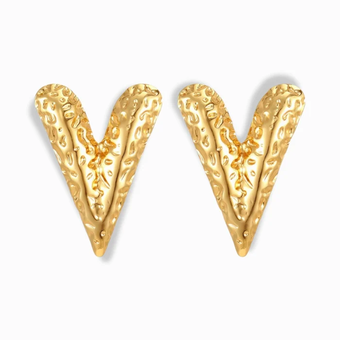 Glozya 18K Gold Plated Letter V Heart Stud Earrings featuring an embossed V-shaped heart design, crafted in stainless steel with triple-layer 18K gold plating, hypoallergenic and waterproof.