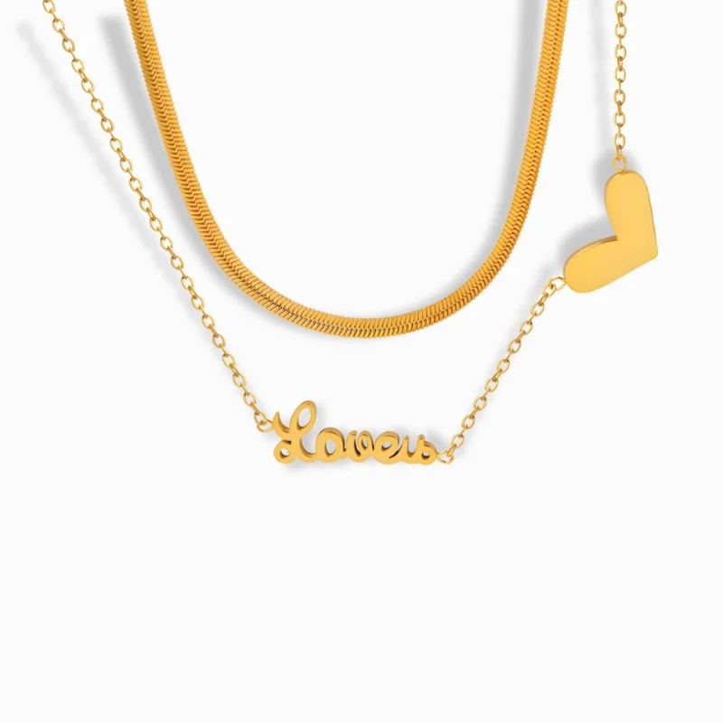 18K Gold Plated Love Word Pendant Necklace with a layered design featuring a “Love” script and heart charm.