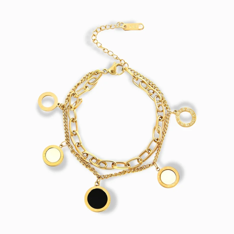 Glozya 18K Gold Plated Multi-Charm Bracelet featuring layered gold-plated chains and elegant circular charms.