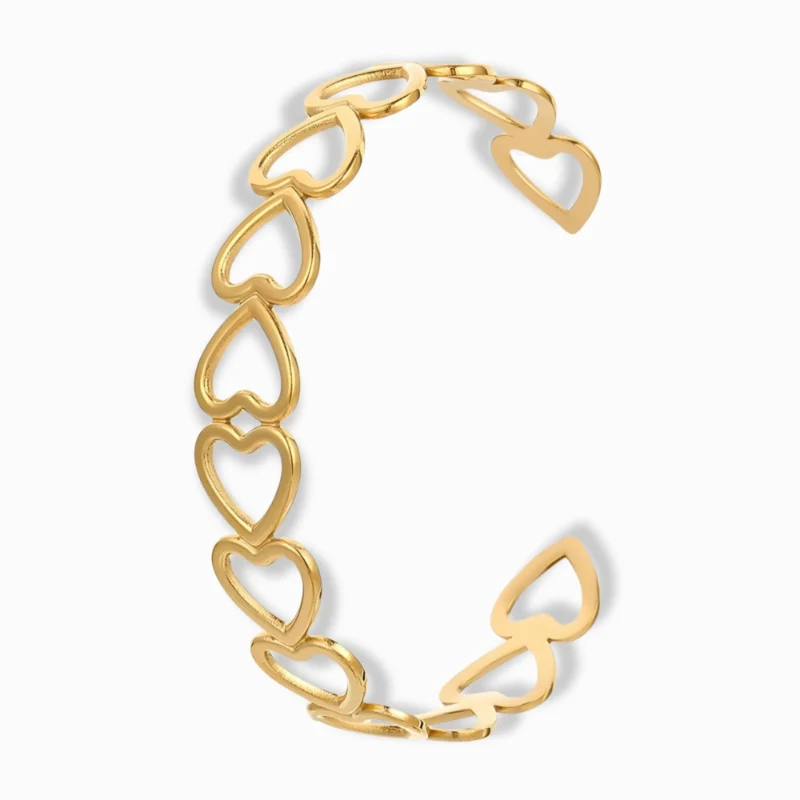 Glozya 18K Gold Plated Open Heart Cuff Bracelet featuring a bold open-heart design in a gold finish.