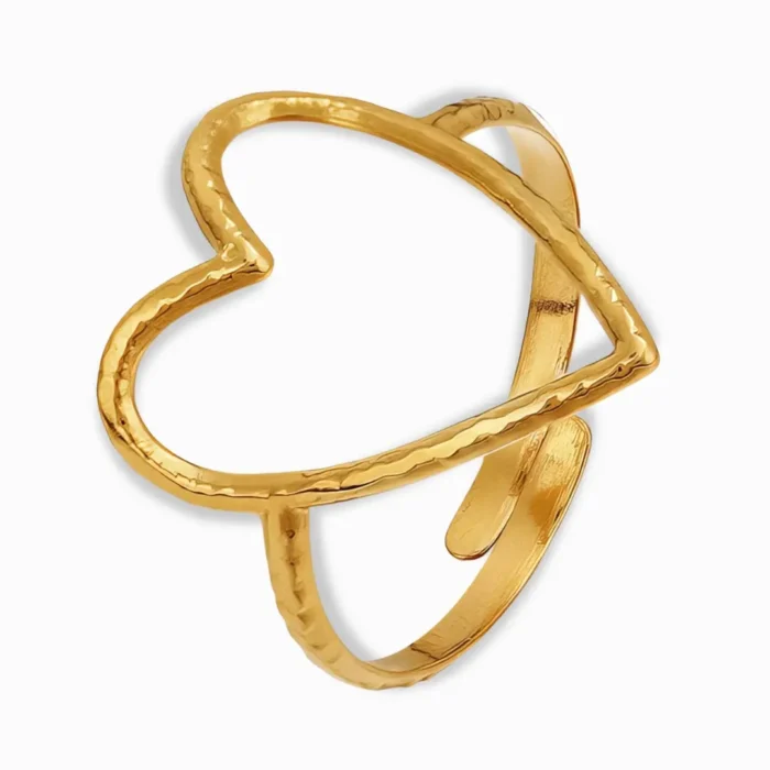 18K Gold Plated Open Heart Statement Ring – Adjustable & Waterproof