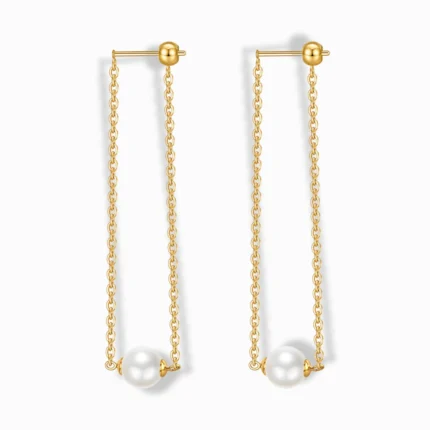 Glozya 18K Gold Plated Pearl Chain Drop Stud Earrings featuring a delicate gold-plated chain with a single pearl drop. Made from stainless steel with triple-layer 18K gold plating, waterproof, hypoallergenic, and tarnish-free.