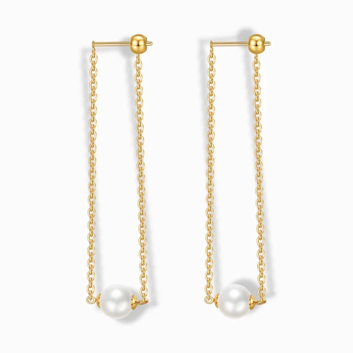 Glozya 18K Gold Plated Pearl Chain Drop Stud Earrings featuring a delicate gold-plated chain with a single pearl drop. Made from stainless steel with triple-layer 18K gold plating, waterproof, hypoallergenic, and tarnish-free.