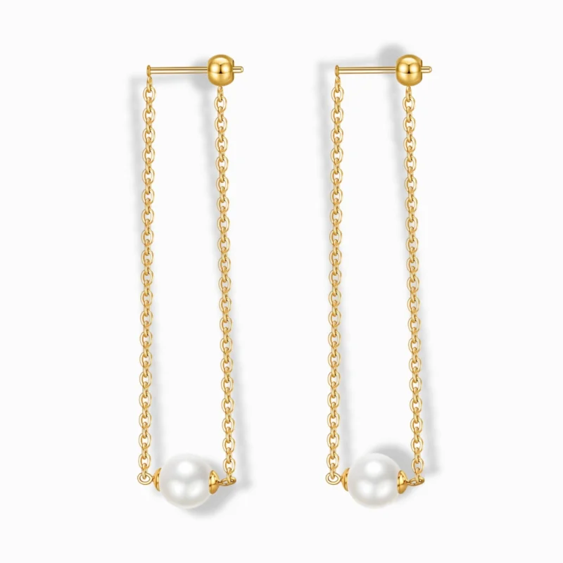 Glozya 18K Gold Plated Pearl Chain Drop Stud Earrings featuring a delicate gold-plated chain with a single pearl drop. Made from stainless steel with triple-layer 18K gold plating, waterproof, hypoallergenic, and tarnish-free.