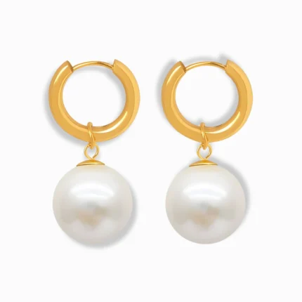 Glozya 18K Gold Plated Pearl Drop Congo Earrings featuring a lustrous pearl drop suspended from a sleek, waterproof, hypoallergenic gold-plated stainless steel hoop.