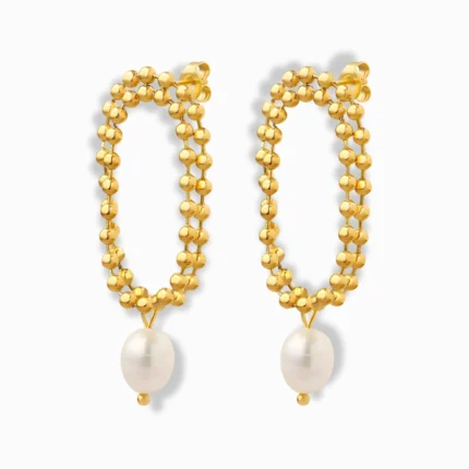 Glozya 18K Gold Plated Pearl Drop Hoop Earrings with delicate gold beaded hoops and a suspended pearl, crafted from waterproof, hypoallergenic stainless steel.