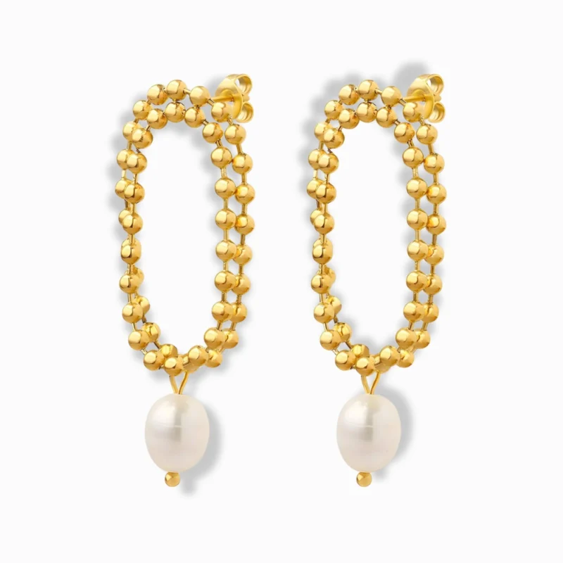 Glozya 18K Gold Plated Pearl Drop Hoop Earrings with delicate gold beaded hoops and a suspended pearl, crafted from waterproof, hypoallergenic stainless steel.