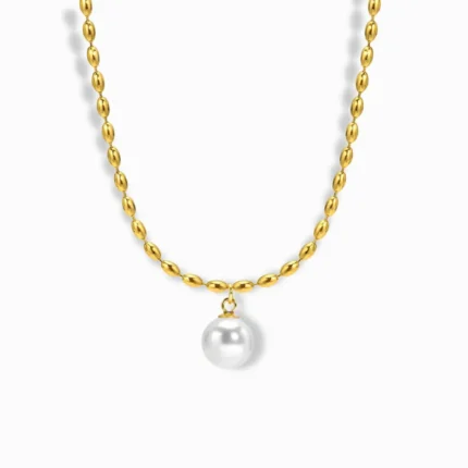 8K Gold Plated Pearl Drop Necklace with a delicate gold chain.
