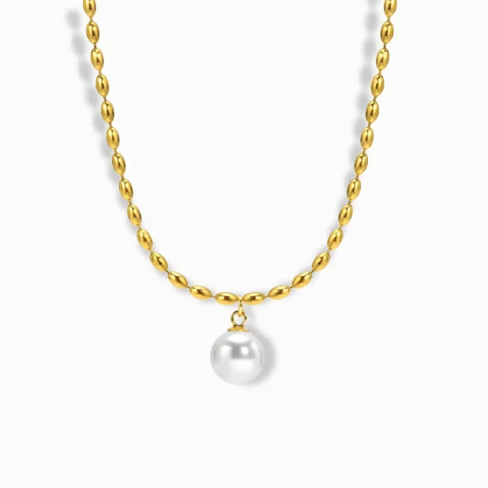 8K Gold Plated Pearl Drop Necklace with a delicate gold chain.