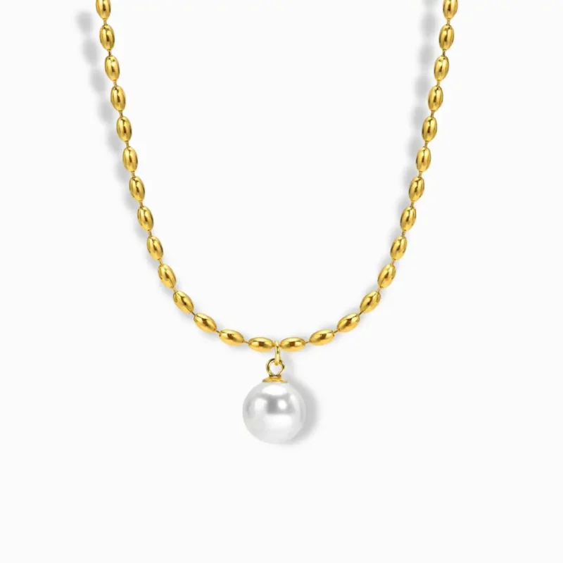 8K Gold Plated Pearl Drop Necklace with a delicate gold chain.
